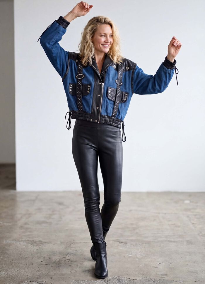 Leren jas met denim inzetstukken 